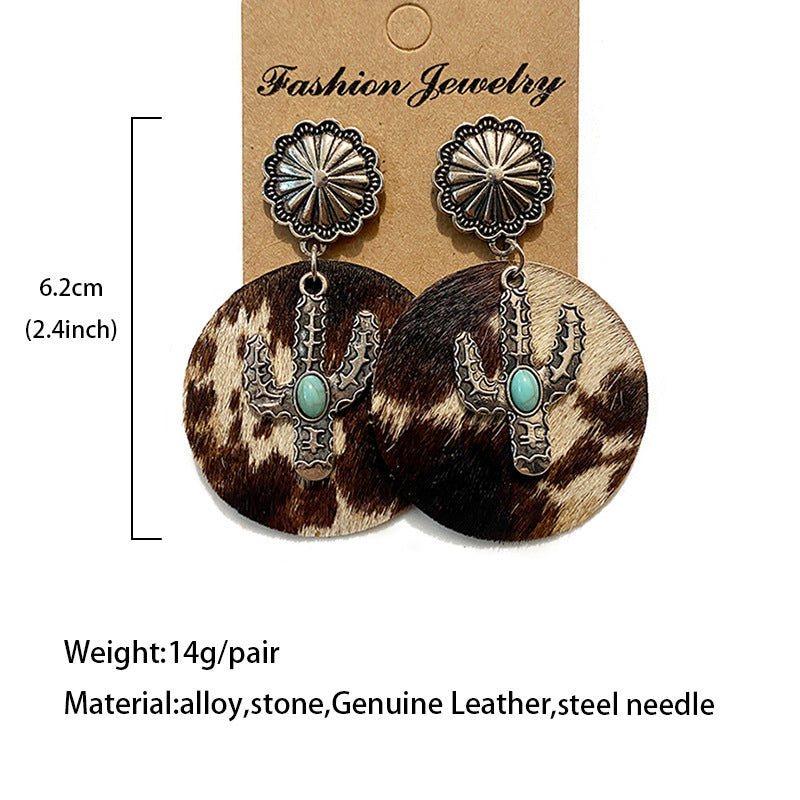 Wholesale Western Style Cow Print Leopard Print Cactus Leather Earrings